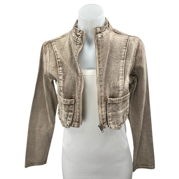 Simmi Jackets & Blazers - Simmi Women's Beige Washed Long Sleeve Cropped Full Zip Denim Jean Jacket Size 2